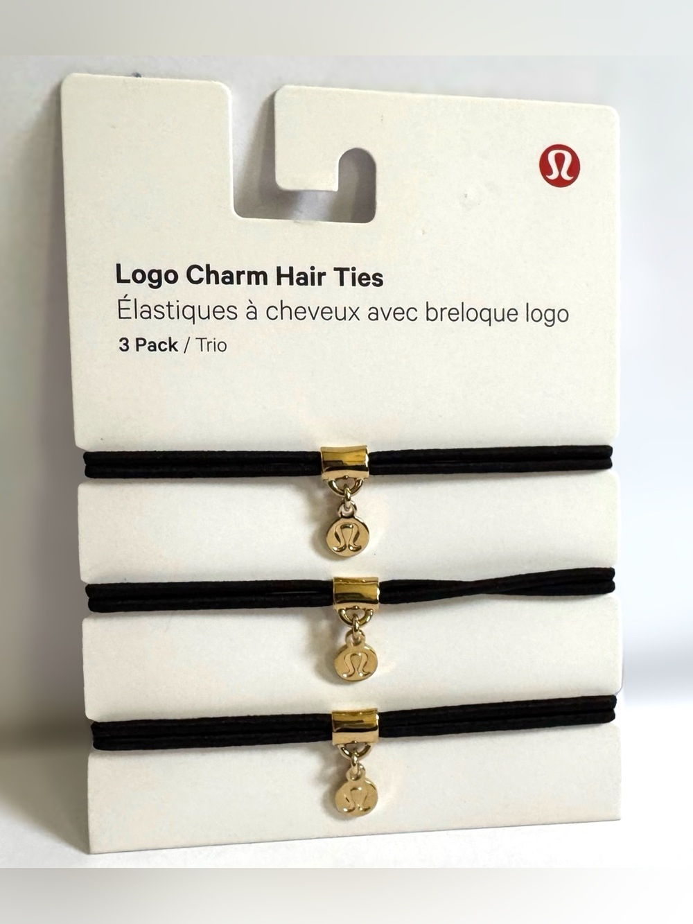Lululemon Logo Charm Hair Ties 3 Pack Black Gold NWT Athleisure Yoga